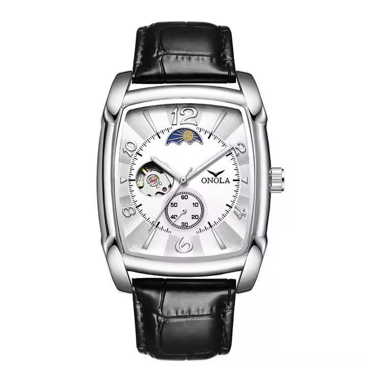 ONOLA Classic Automatic Moonphase Easy Read Tonneux Open Heart Leather Watch image 2