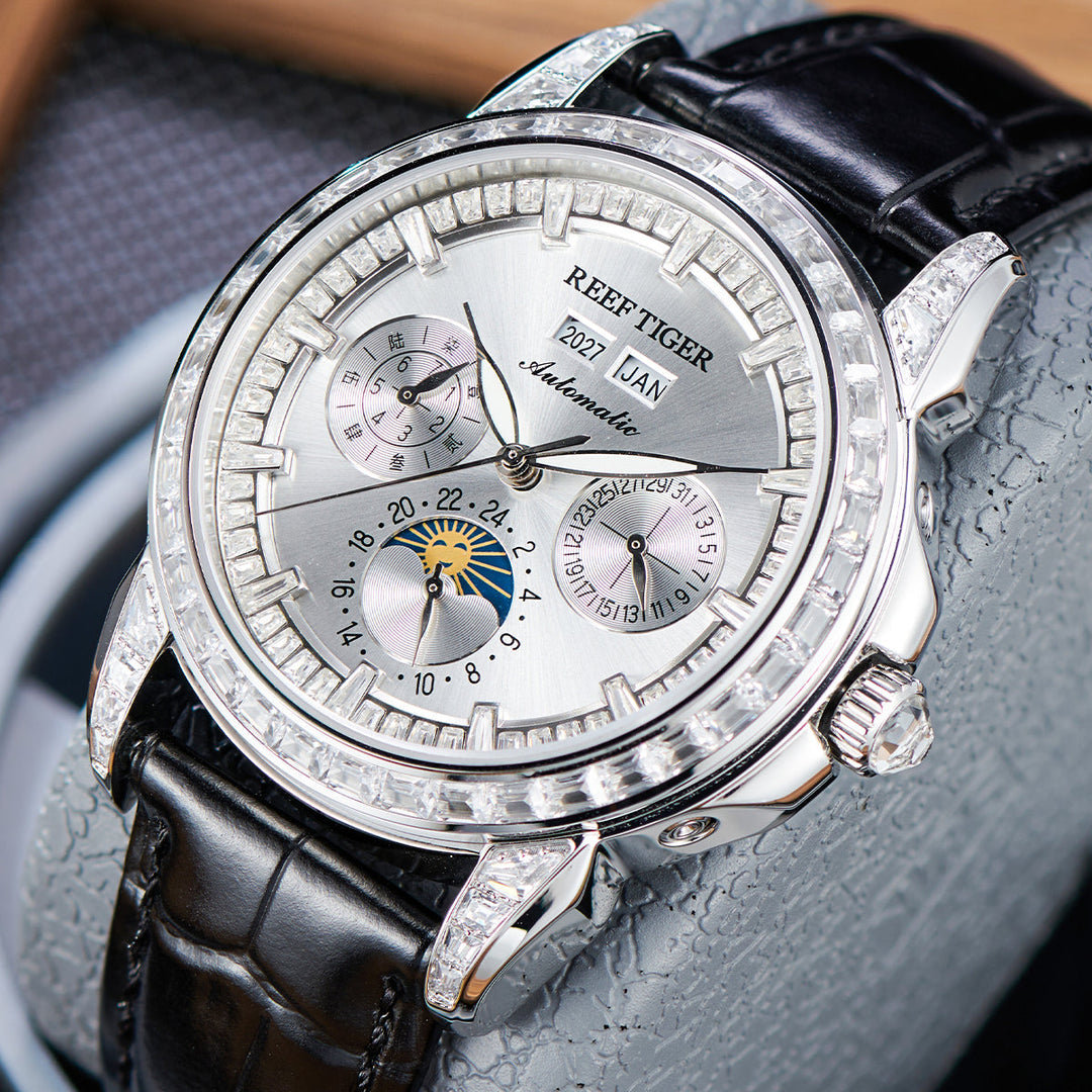 Reef Tiger Classic Philosopher Zirconia Bezel Multifunctional Mechanical Moon Phase Automatic Watch Silver RGA1988 image 1