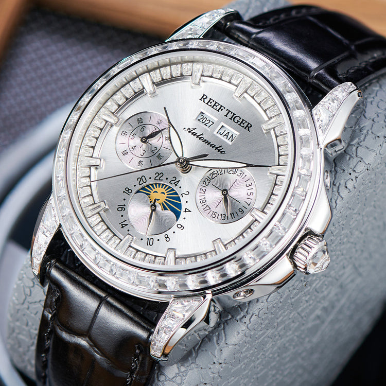Reef Tiger Classic Philosopher Zirconia Bezel Multifunctional Mechanical Moon Phase Automatic Watch Silver RGA1988 image 1
