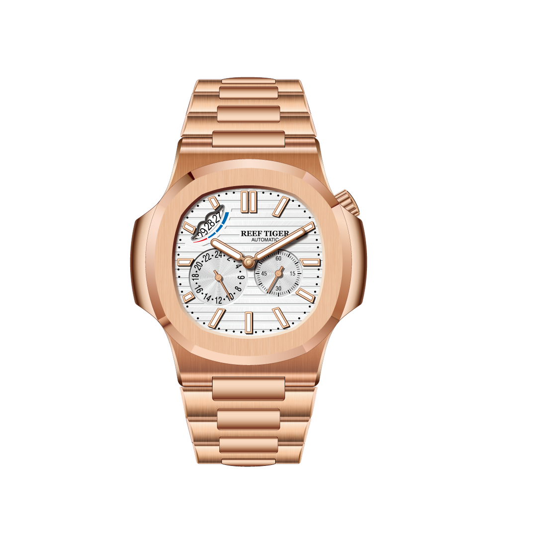 Reef Tiger Men's Peak 44mm Square Crystal Bezel Automatic Watch RGA2019 Rose Gold/White - Steel Bezel image