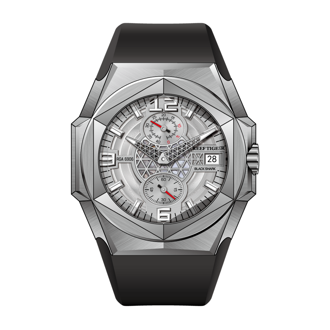 Reef Tiger Men's Black Shark Traveler Multifunctional Automatic Mechanical Dive Watch RGA6906 Silver/Black image 0