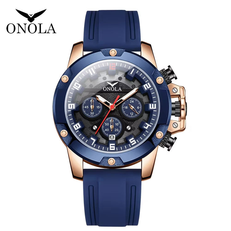 ONOLA Freeman Quartz Chronograph Silicone Strap Watch - Rose Gold / Blue image