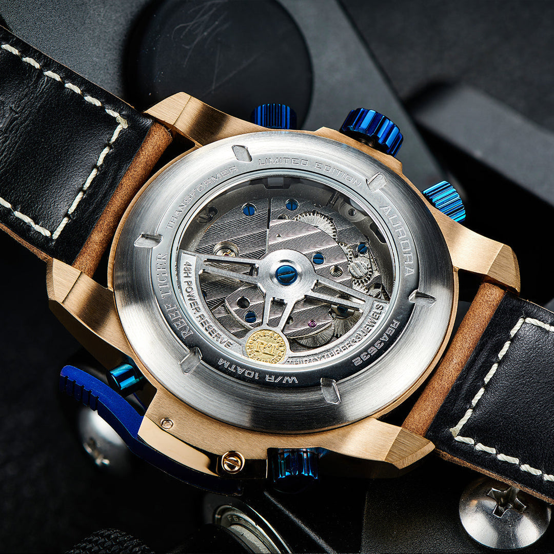 Reef Tiger Men's Aurora Spider Automatic Chronograph Watch Rose Gold/Blue image 4