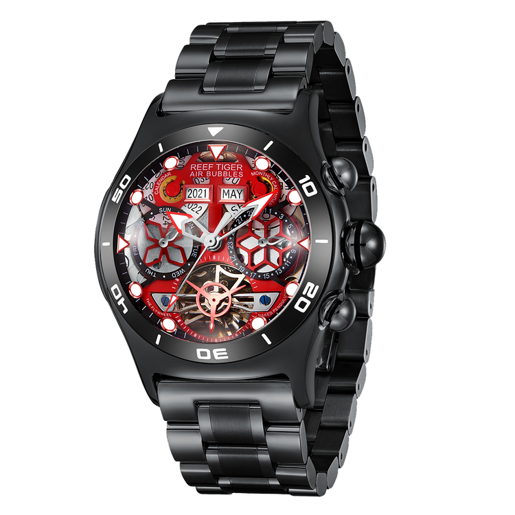 Reef Tiger Men's Aurora Air Bubbles Automatic Mechanical Skeleton Watch - Steel image