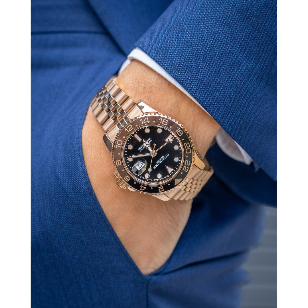 STUHRLING ORIGINAL Meridian GMT Diver 44mm 100m Rose Gold Jubilee Watch