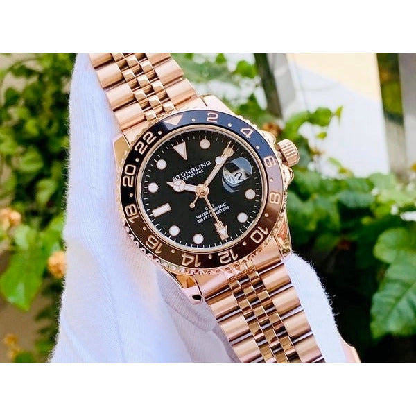 STUHRLING ORIGINAL Meridian GMT Diver 44mm 100m Rose Gold Jubilee Watch