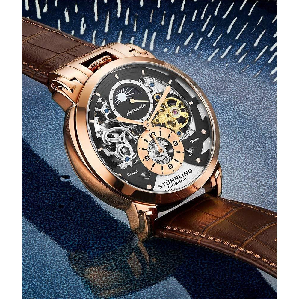STUHRLING ORIGINAL Menai Automatic 47mm Skeleton Rose Gold Watch
