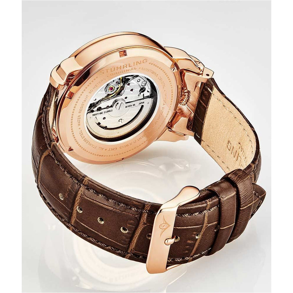 STUHRLING ORIGINAL Savoy Regulator Automatic 44mm Skeleton Rose Gold Watch