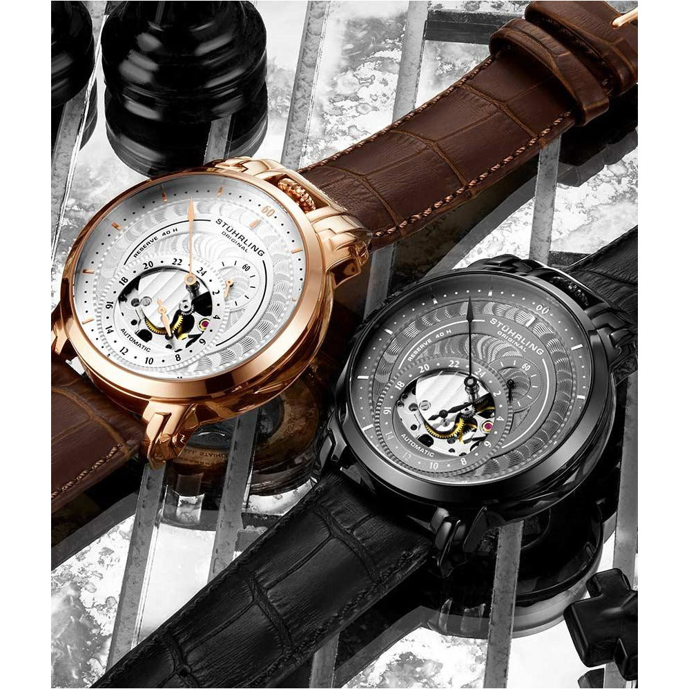 STUHRLING ORIGINAL Savoy Regulator Automatic 44mm Skeleton Black Ion Watch