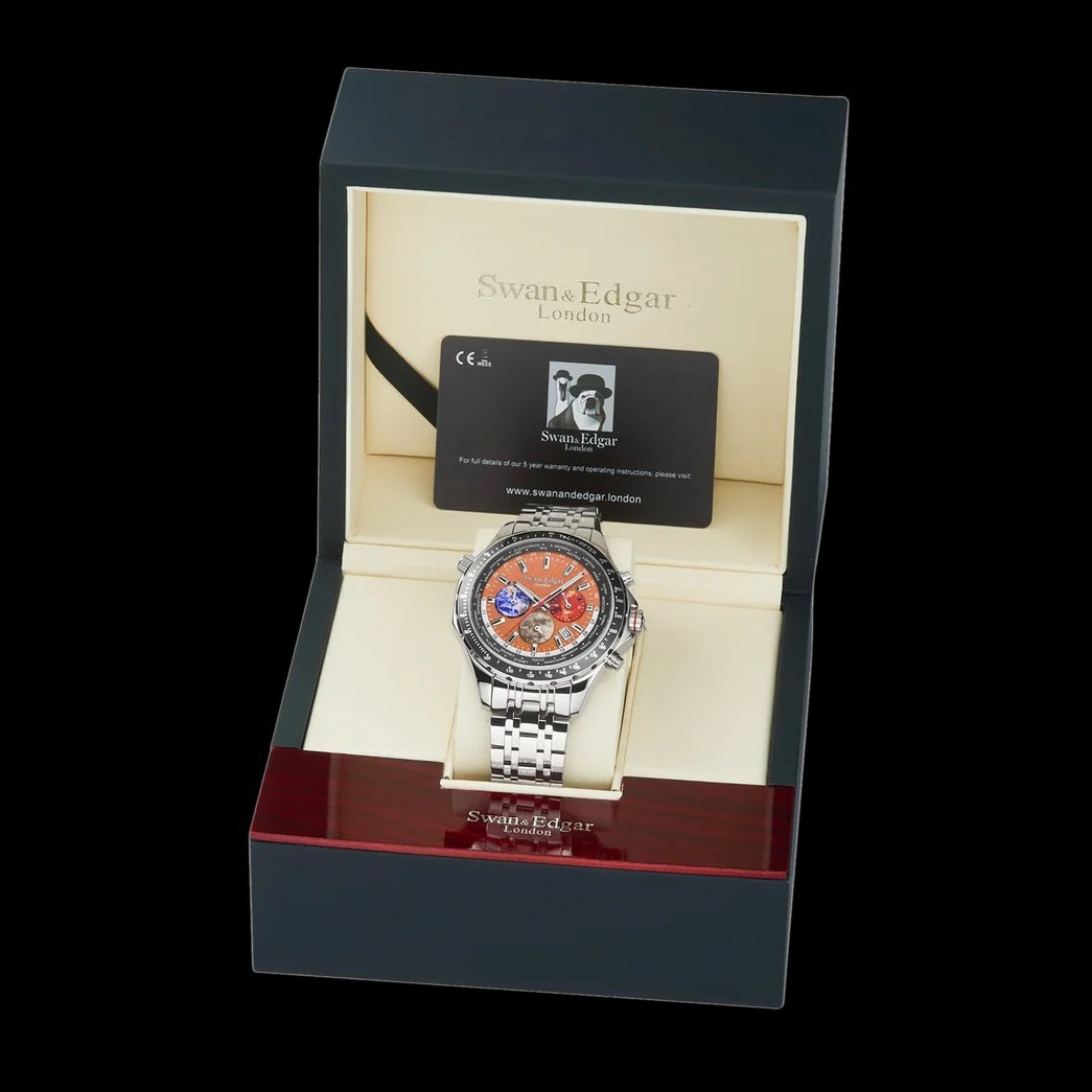 Swan & Edgar London World Timer Mechanical Quartz Hybrid- Steel Orange