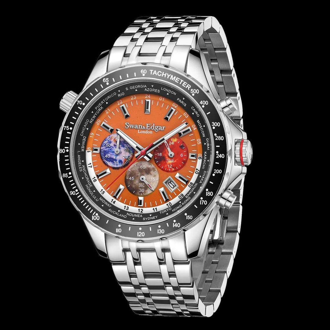 Swan & Edgar London World Timer Mechanical Quartz Hybrid- Steel Orange
