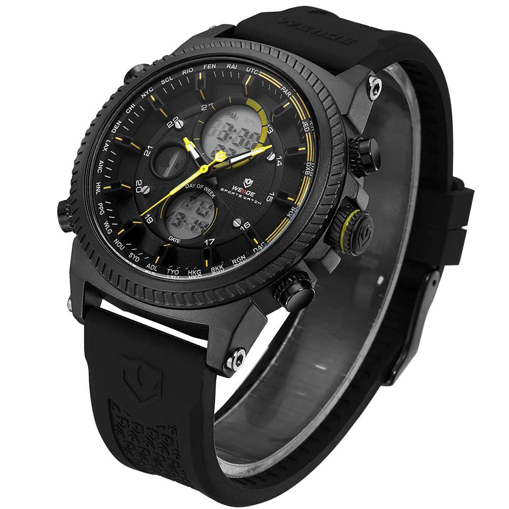 WEIDE Dual Time World City Silicone Black/Yellow Watch