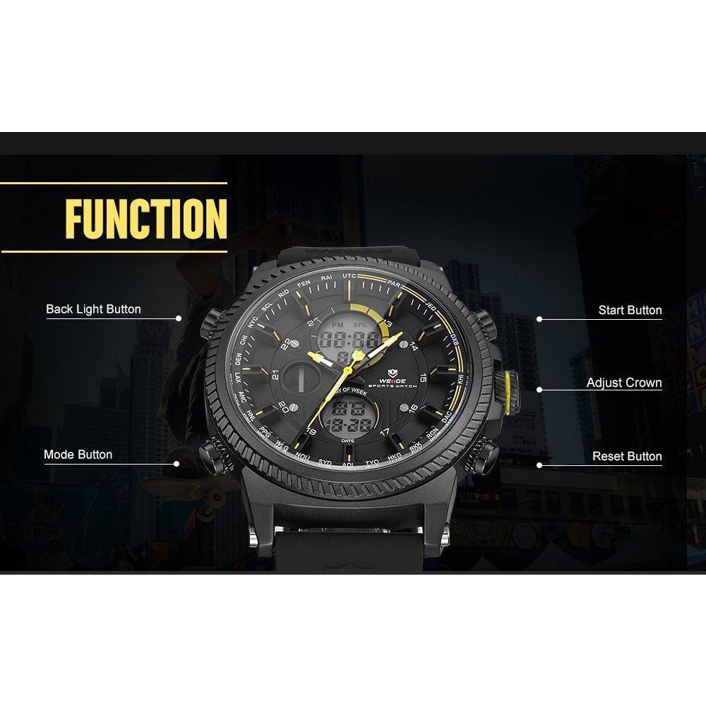 WEIDE Dual Time World City Silicone Black/Yellow Watch