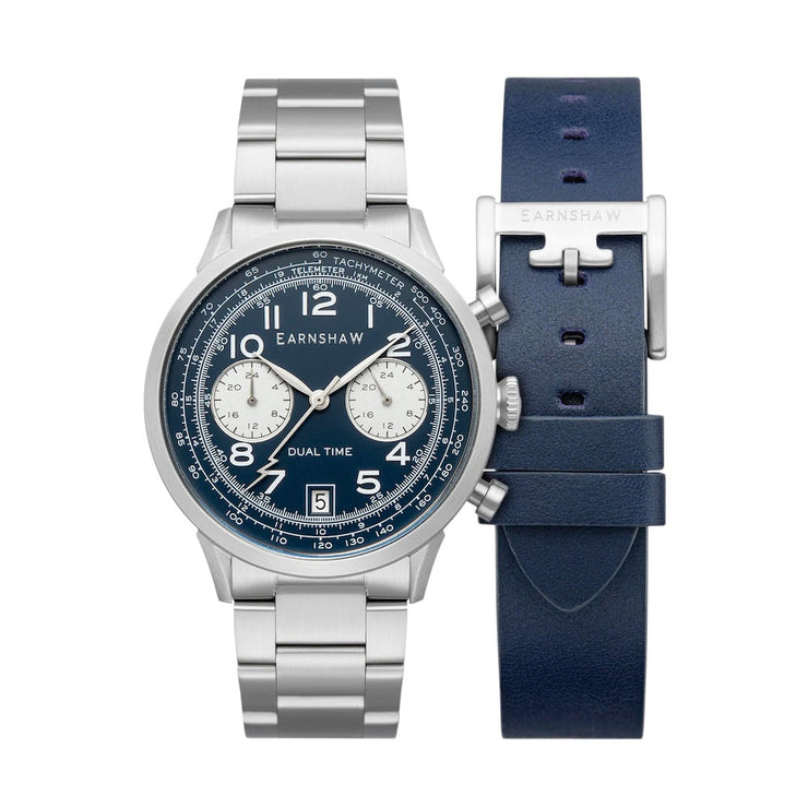 THOMAS EARNSHAW AMPERE DUAL TIME MULTIFUNCTION Dover Blue Watch + FREE Leather Strap