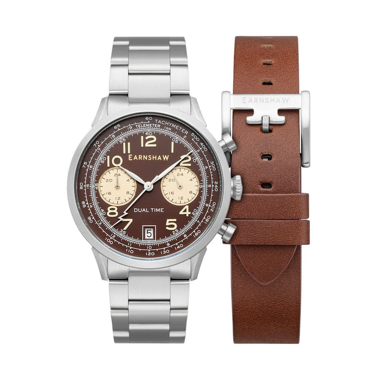 THOMAS EARNSHAW AMPERE DUAL TIME MULTIFUNCTION Cognac Watch + FREE Leather Strap