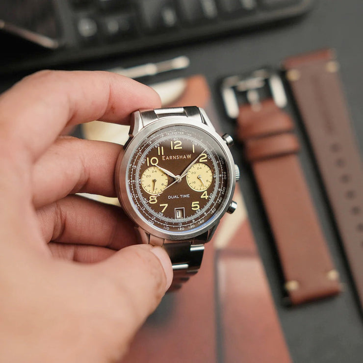 THOMAS EARNSHAW AMPERE DUAL TIME MULTIFUNCTION Cognac Watch + FREE Leather Strap